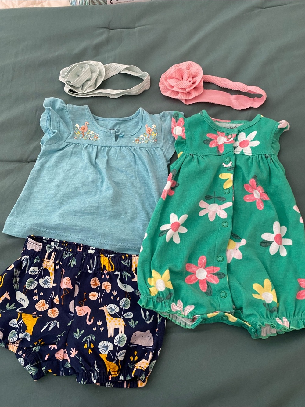 Carter 3mos Toddler Floral Green Romper & Blue Top Set with Animal Print Shorts